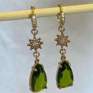 Olive Green Teardrop Gold Latch Back Earrings, Bridal Earrings, Formal Earrings